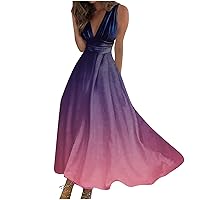 Flowy Dresses for Women,Women's Casual Long Maxi Dress Summer Sleeveless V Neck Boho Waist Beach Printed Sundresses