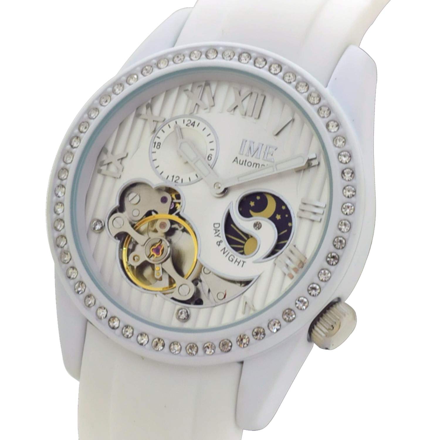 IME Ladies Fashion Automatic Wrist Watch with Alloy Case, Sun & Moon Phase and 24 Hours Display, Czech Stone Show on The Case