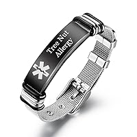 Stylish Medical Alert Allergy Awareness Emergency ID Bracelet, Personalized Stainless Steel Food Allergic Identification Alarm Cuff Bangle, Custom Name ICE Medic Wrist Band for Teens Women Men