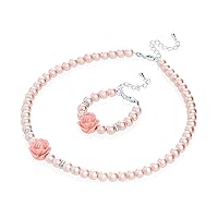 Flower Girl Pink Simulated Pearls Flower Necklace with Bracelet Toddler Gift Set (GSTNB2-P)