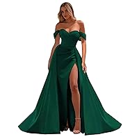 Satin Off The Shoulder Prom Dresses Mermaid Ruched Split Ball Gowns for Women Formal Dress Long