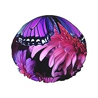 Purple butterfly and flower Print Shower Caps for Women Reusable Bath Caps Double Layer Waterproof Hair Cap with EVA Lining Soft Comfortable Bath Hat for all Hair Types