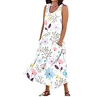 Womens Plus Size Dresses Summer Boho Casual Floral Cotton Linen Dress Sleeveless Pocket Beach Dress Sun Dress