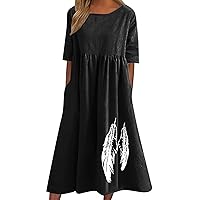 Summer Casual Cotton Linen Dress for Women Feather Print Short Sleeve T Shirts Dress Flowy Pleated Midi Dress with Pockets