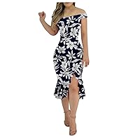 Slit Ruffle Irregular Hem Dress Ladies 2024 Off Shoulder Summer Open Back Plain Off Midi A-Line Casual Zipper Cocktail