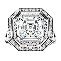Riya Gems 4 CT Asscher Diamond Moissanite Engagement Ring Wedding Ring Eternity Band Vintage Solitaire Halo Hidden Prong Setting Silver Jewelry Anniversary Promise Ring Gift