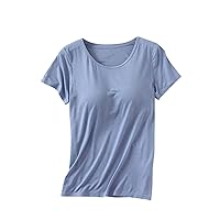 Womens Built-in Bra T-Shirt Padded Active Yoga Tops Short Sleeves Plain Blouses Soft Pajama Casual Workout Shirts Women's Crochet Tank Top Deal of The Day Prime Today Light Blue