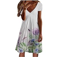Womens Summer Plain Tshirt Dresses Short Sleeve Flowy Dress 2024 Fashion Elegant V Neck Beach Dresses Short Dress