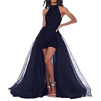 Women's Sparkle Halter Short Prom Homecoming Dress Jumpuit with Overskirt 2024 Sequins Cocktail Party Outfits Gown