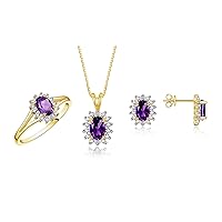 Rylos Women's Yellow Gold Plated Silver Birthstone Set: Ring, Earring & Pendant Necklace. Gemstone & Genuine Diamonds, 6X4MM Birthstone. Perfectly Matching Friendship Jewelry. Sizes 5-10.