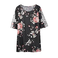 Women Cutout Lace Short Sleeve Tunic Tops Summer Floral Graphic Crewneck Casual Tshirt Cute Polka Dots Blouse for Teen Girls
