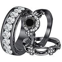 2.10ctw Round Cut Black & White CZ Diamond 14K Black Gold Plated Sterling Silver Cross Couple Matching Engagement Wedding Band Ring Set For His and Her