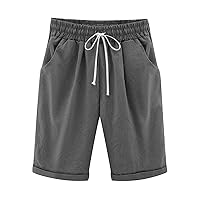 Bermuda Shorts for Women Solid Cotton Linen Shorts Drawstring Elastic Waist Short Pants Casual Comfy Short with Pocket