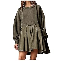 Oversized Sweatshirt Dress for Women Casual Fall Pleated Dresses Long Sleeve Pullover Tops Patchwork Mini Dress
