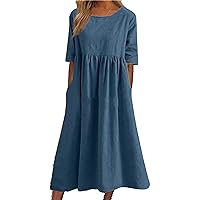 Women's Half Sleeve Linen Maxi Dresses Casual Loose Plus Size Beach Dress for Women with Pockets