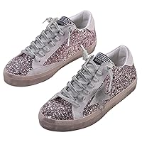 Women’s Glitter Sneakers Low Top Lace up Fashion Star Patch Flat Shoes