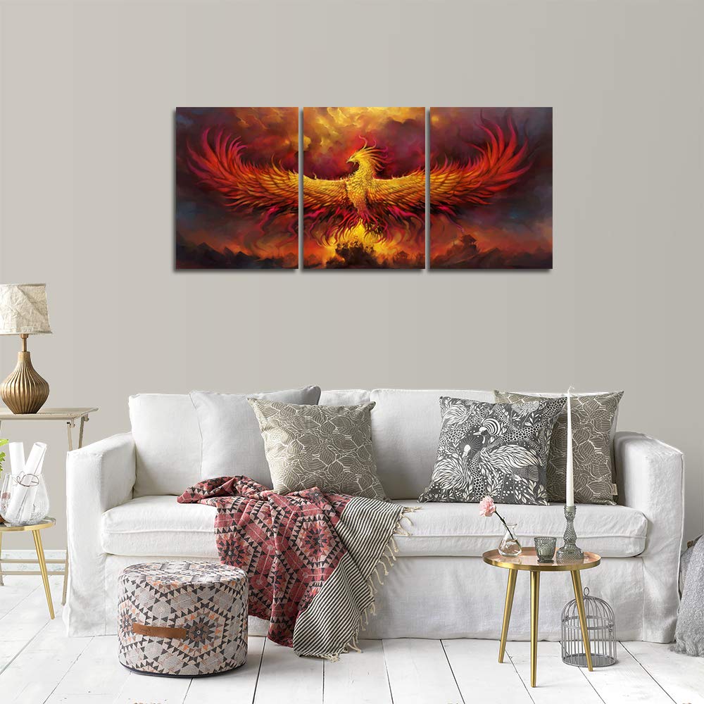 Yetaryy Fire Phoenix Wall Art Prints Volcanic Burning Phoenix Birds Canvas Picture Posters Prints Artwork 3 Piece Home Office Living Room Bedroom Decor Framed Ready to Hang - 36