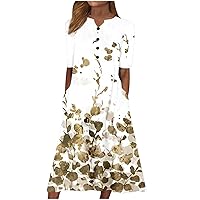 Womens Button V Neck High Waist Trendy Floral A-Line Dresses Summer Short Sleeve Casaul Midi Dress with Pockets