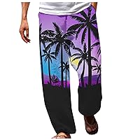 Work Pants Men Loose Fit Elastic Waist Wide Leg Pants Drawstring Jogger Boho Print Hawaiian Beach Yoga Pant Trouser