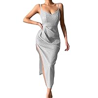 XJYIOEWT Western Dresses for Women,Hot Night Club Style Luxury Glitter Deep V Sexy Suspender Women Dress Tan Dress