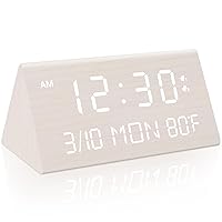 Wooden Digital Alarm Clock, 0-100% Dimmer, 2 Alarm Settings, Weekday/Everyday Mode, 9 Mins Snooze, 12/24H, Temperature and Date Display for Office, Travel, Bedroom Alarm Clock (White)