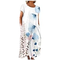 Short Sleeve Tshirt Dress for Women 2023 Floral Dress Sundress Maxi Dress with Pockets for Women Long Dress Women Flowy Short Sleeve Crew Neck Cotton Dresses Ladies