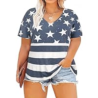 RITERA Womens Plus Size Tops 4Th of July T-Shirt Short Sleeve Crew Neck Colorblock Independence Day American Flag Stars Stripes Print Loose Fitting Blue Stars Tees 5XL