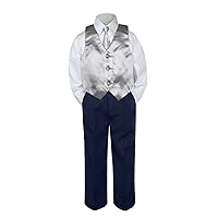Leadertux 4pc Baby Toddler Boys Silver Vest Necktie Set Navy Blue Pants Suit S-7 (S:(0-6 Months))