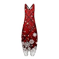 Women's Christmas Gifts Casual Print Loose Large Size Casual Sleeveless Strappy Jumpsuit, S-5XL