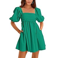 Ebifin Womens Square Neck Dresses Half Puff Sleeve High Waist A-Line Casual Backless Smocked Short Babydoll Mini Dress