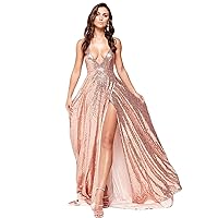Women's Deep Sequins Prom Gowns Straps Backless Maxi Dress With Slit