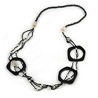 Long Multi-strand Black/White Ceramic Bead, Acrylic Ring Necklace - 90cm L