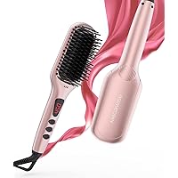 2023 Updated MEGAWISE Hair Straightener Ceramic Brush (Pink Gold) Anti-Scald Dual Voltage Flat iron Hot Brush | Rotatable Cord |Auto Shutoff | anti-frizz |for all hair types