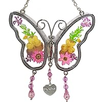Grandma Butterfly Suncatcher Gifts, Mothers Day Granny Birthday Gifts Presents from Grandson Granddaughter Real Flower Heart Charm Wind Chimes Window Ornaments