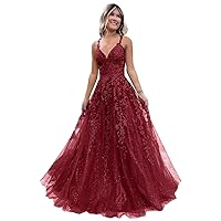 Xijun Glitter Tulle Lace Appliqued Prom Dresses Long V Neck Corset Formal Evening Party Gown with Slit