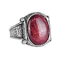 Mens Solid 925 Sterling Silver Ring, Real Natural Cabochon Ruby Gemstone Ring