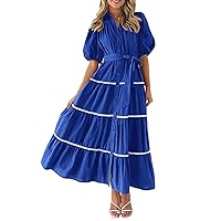 Women's Button Down Shirt Dress Short Puffy Sleeve Tiered Ruffle A Line Flowy Long Dress Summer Elegant Maxi Dress