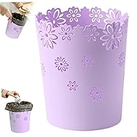 Waste Paper Bin, 6.3 Inch Plastic Hollow Waste Paper Basket, Flower Lace Round Waste Bin for Bedroom, Bathroom, Kitchen, and Office S Purple Kitchen Trash Cans