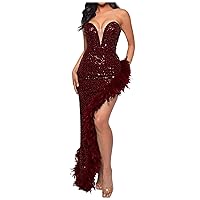 Womens Sexy Sequin Evening Dresses 2024 Sparkly Strapless Hi-Low Wrap Bandeau Dress Trendy Feather Hem Cocktail Dresses