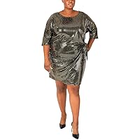 ROBBIE BEE Womens Gold Sequined Knotted Waist 3/4 Sleeve Jewel Neck Above The Knee Fit + Flare Cocktail Dress Size 2X