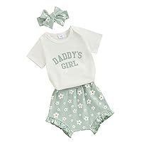 VISGOGO Baby Girl Clothes Daddy Saying Letter Print Knit Rib Romper Floral Print Shorts Headband 3Pcs Set