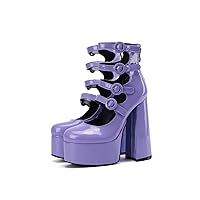 Frankie Hsu Lolita Women's Large Size Buckle Strap Plain Purple Violet Patent Leather Platform Chunky High Heels Ankle Heeled Sandal Boots Shoes