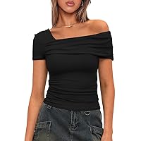 Darong Women's Summer Short Sleeve One Off The Shoulder Top Ruched Going Out Tops Slim Fit Y2K Shirt