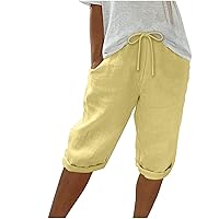 Summer Shorts for Women Trendy Bermuda Shorts Cotton Linen Shorts with Pockets Drawstring Casual Shorts Comfy Pants