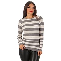 Fashion4Young 5582 Women's Fine Knit Pullover Knitted Jumper Long Sleeve Block Stripes Crew Neck