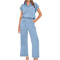 Women's Fashion Casual Outfits 2 Piece Summer Sets Short Sleeve Button Down Shirts and Wide Leg Pants Set Loungewear