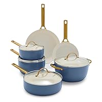 GreenPan Reserve 10 Piece Cookware Pots and Pans Set, Healthy Ceramic Nonstick PFAS-Free, Hard Anodized Aluminum, Gold-Tone Stainless Steel Handles, Dishwasher and Oven Safe, Ocean Blue