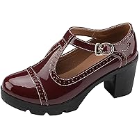 Women's Vintage T-Strap Brogue Dress Shoes Chunky Mid-Heel Oxfords Saddle Shoes