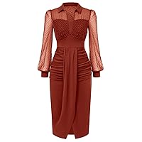 Belle Poque Womens Vintage Dress Mesh Long Sleeve Dress Ruched Dress for Work