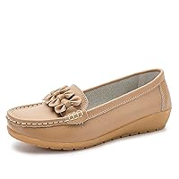 Women's Slip On Loafer,Women Ladies Mother Genuine Leather Shoes Flats Loafers Slip On Breathable Soft Bow Plus Size (Color : Khaki, Size : 38 EU)